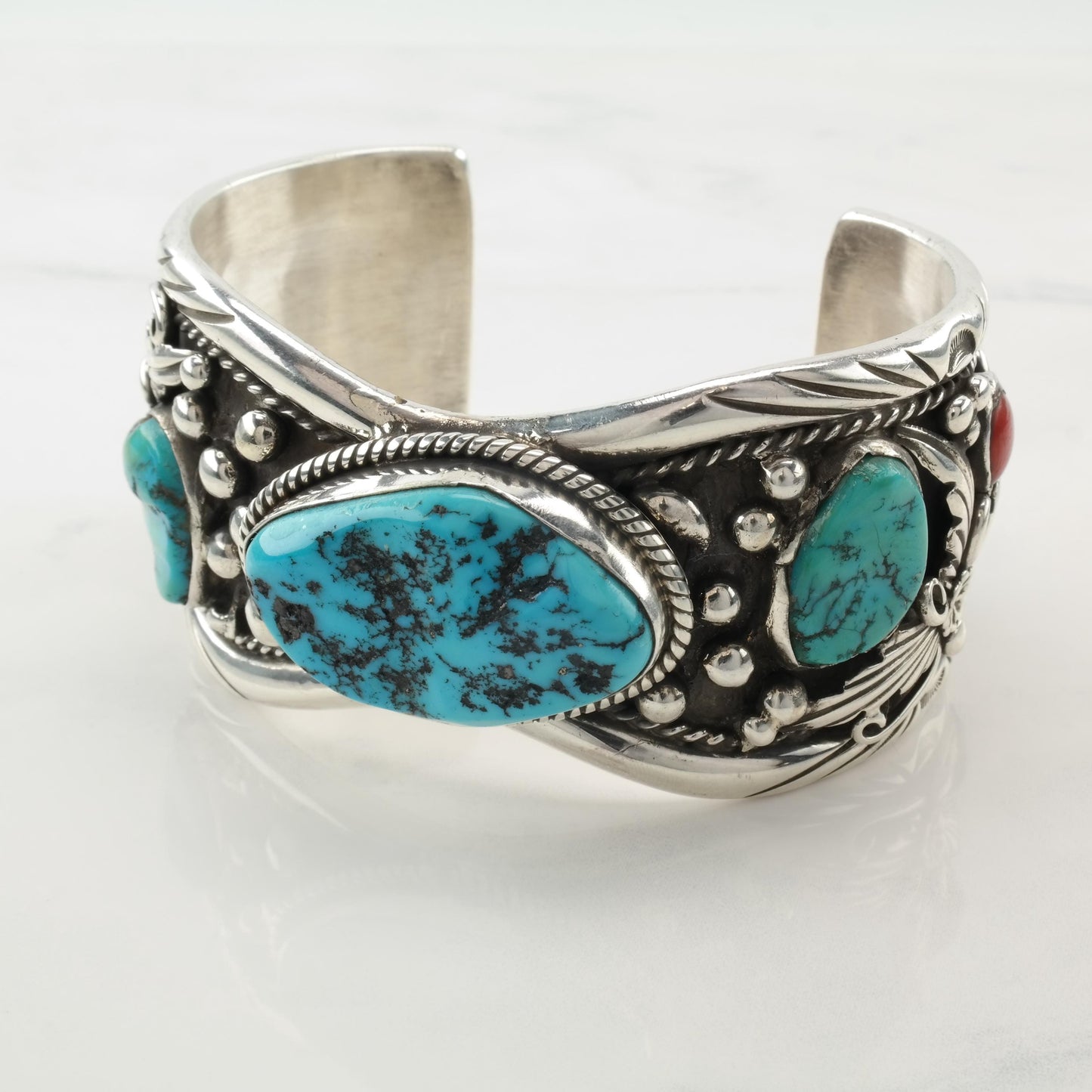 Native American Cuff Bracelet Sterling Silver Turquoise Coral Platero Navajo