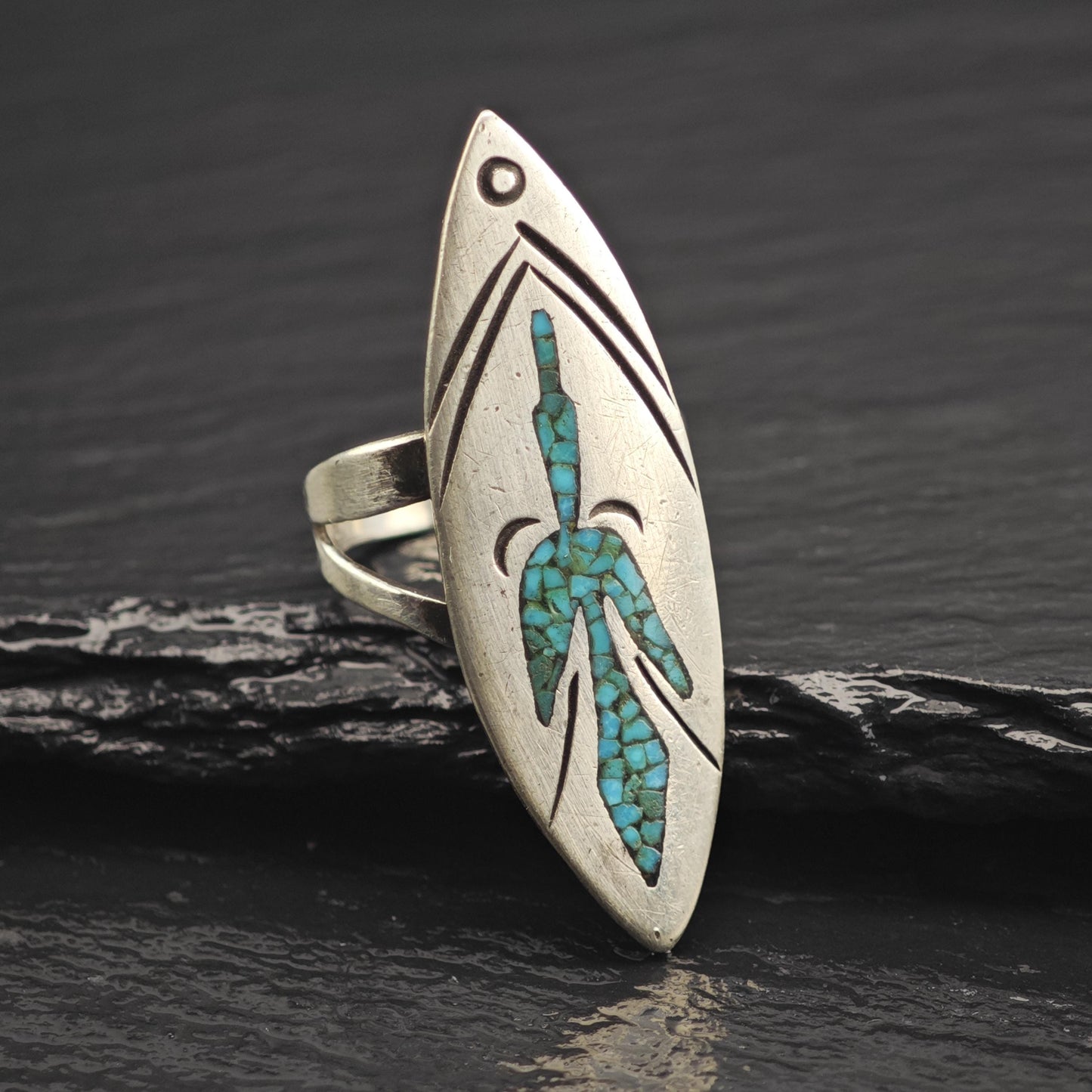 Native American Turquoise Inlay Thunderbird Sterling Silver Ring Sz 5 1/2 R6652