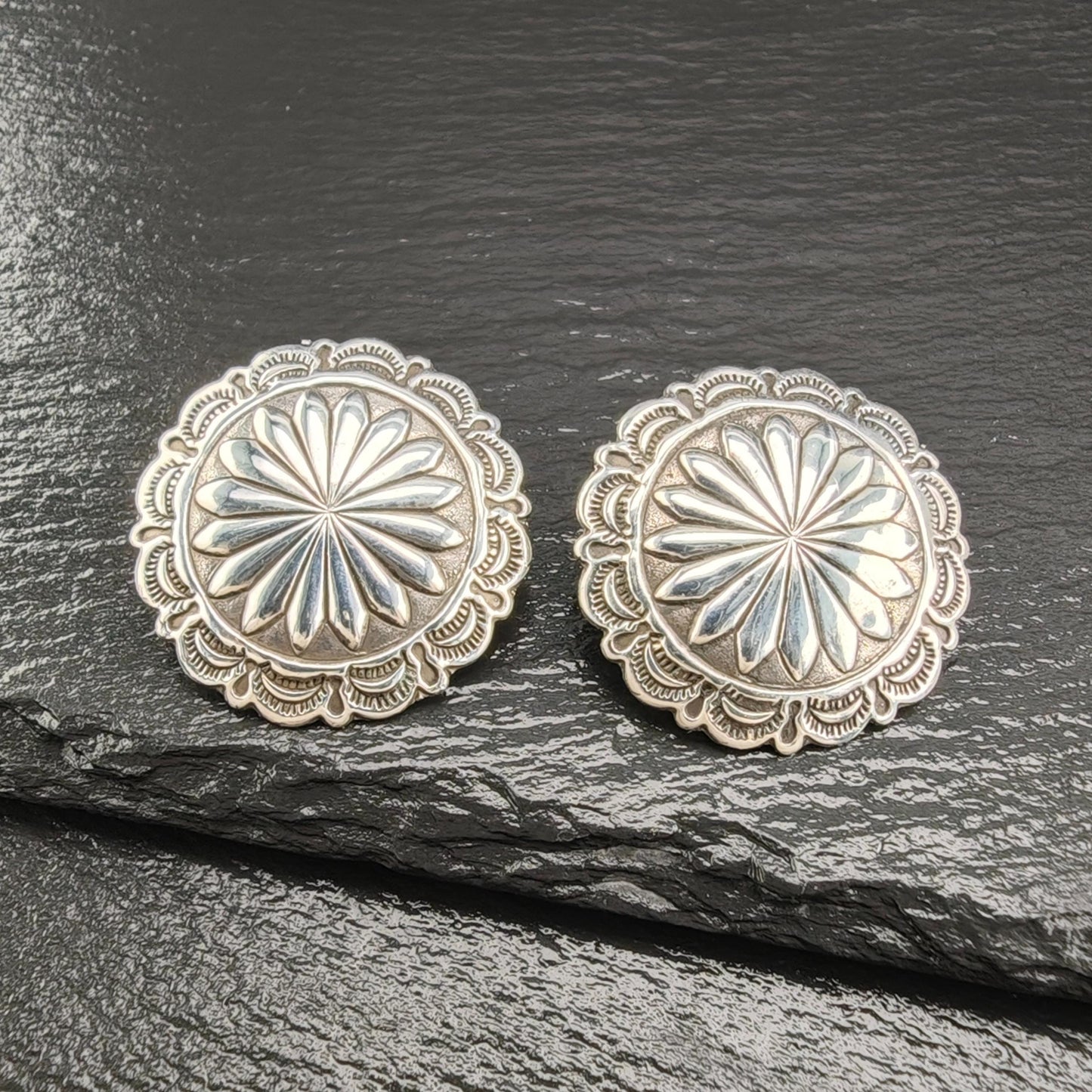 Vintage Concho Round, Shield Stud Earrings Sterling Silver