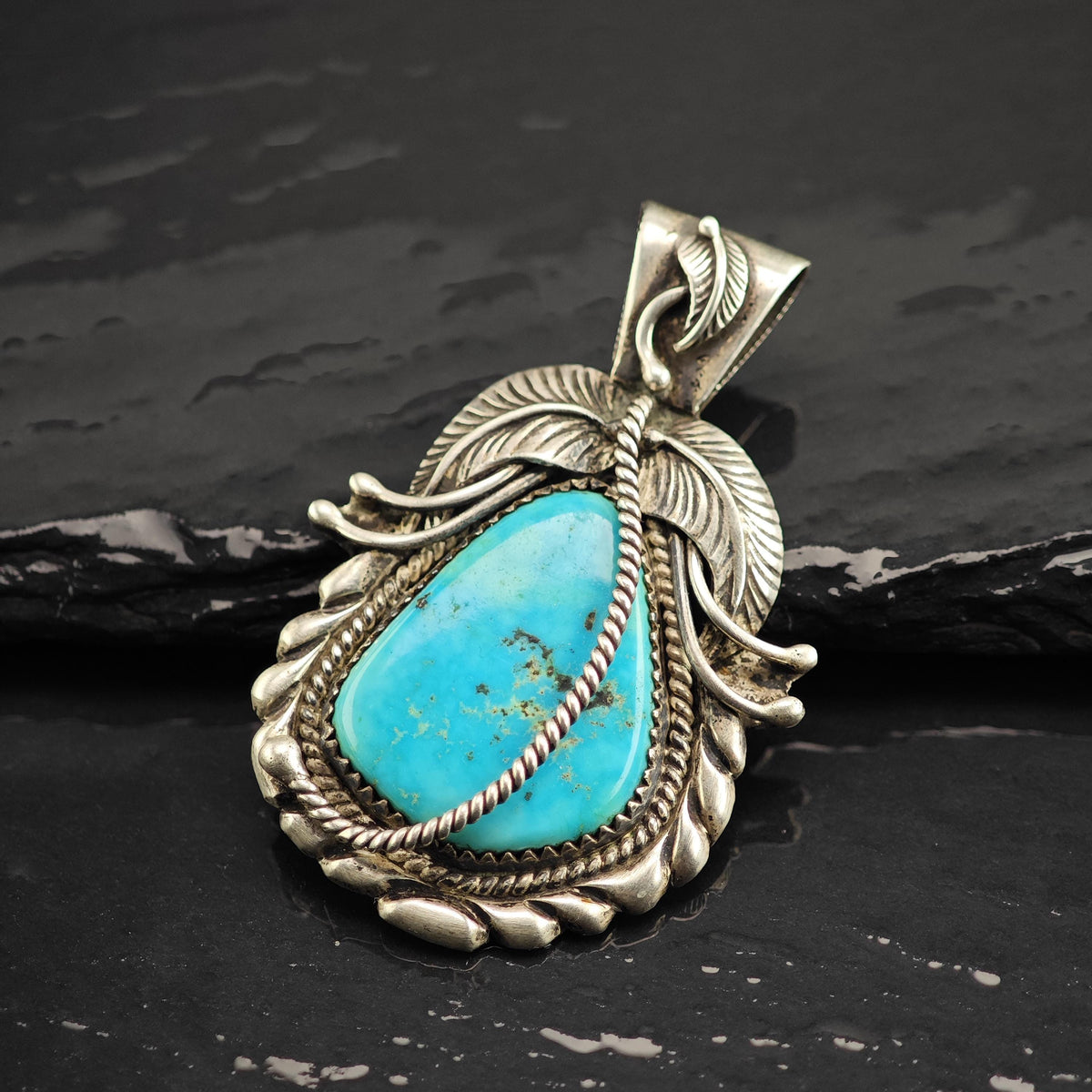 Kirk Turquoise Feather & Cord Detailing Sterling Silver Pendant P3147