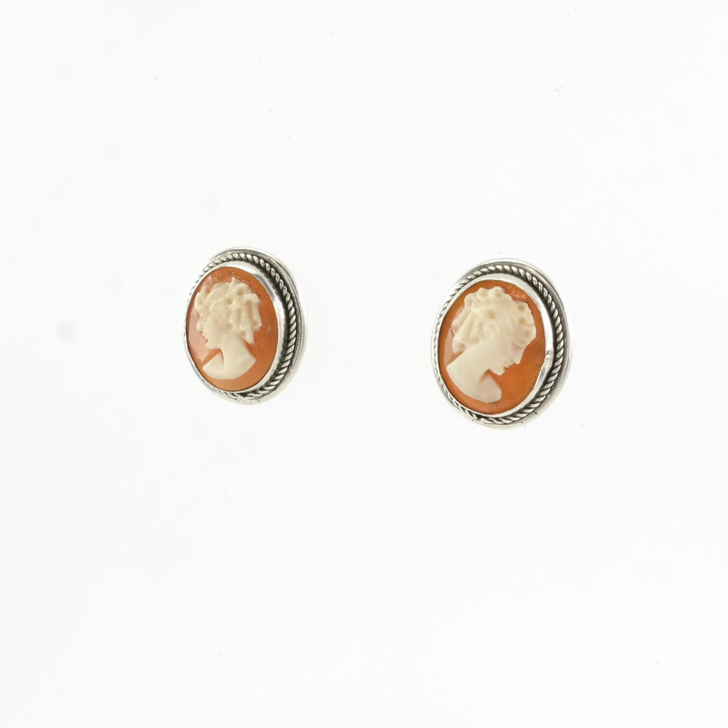 Vintage Sterling Silver Orange Cameo Portrait Earrings Stud