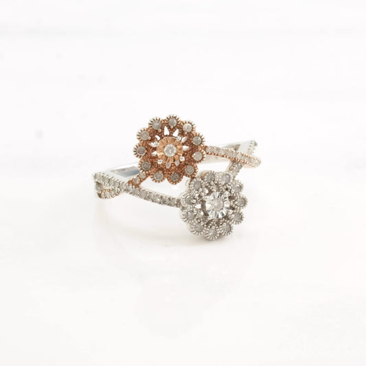 Sterling Silver Ring Diamond Flowers Rose Gold Plate Size 9