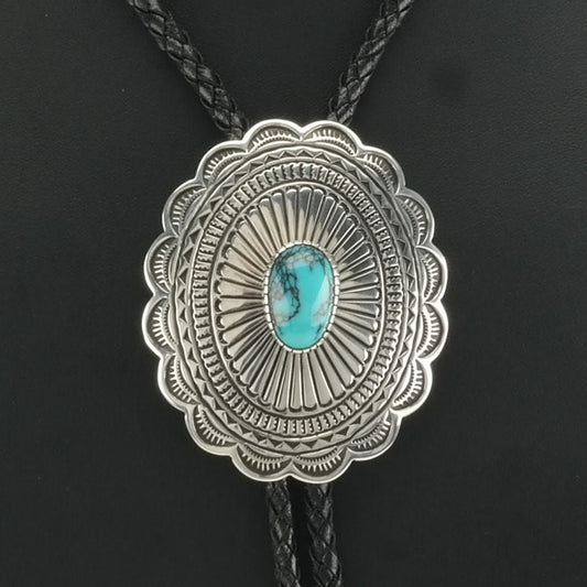 Spiderweb Turquoise Bolo Tie Native American Sterling Silver Concho Necklace