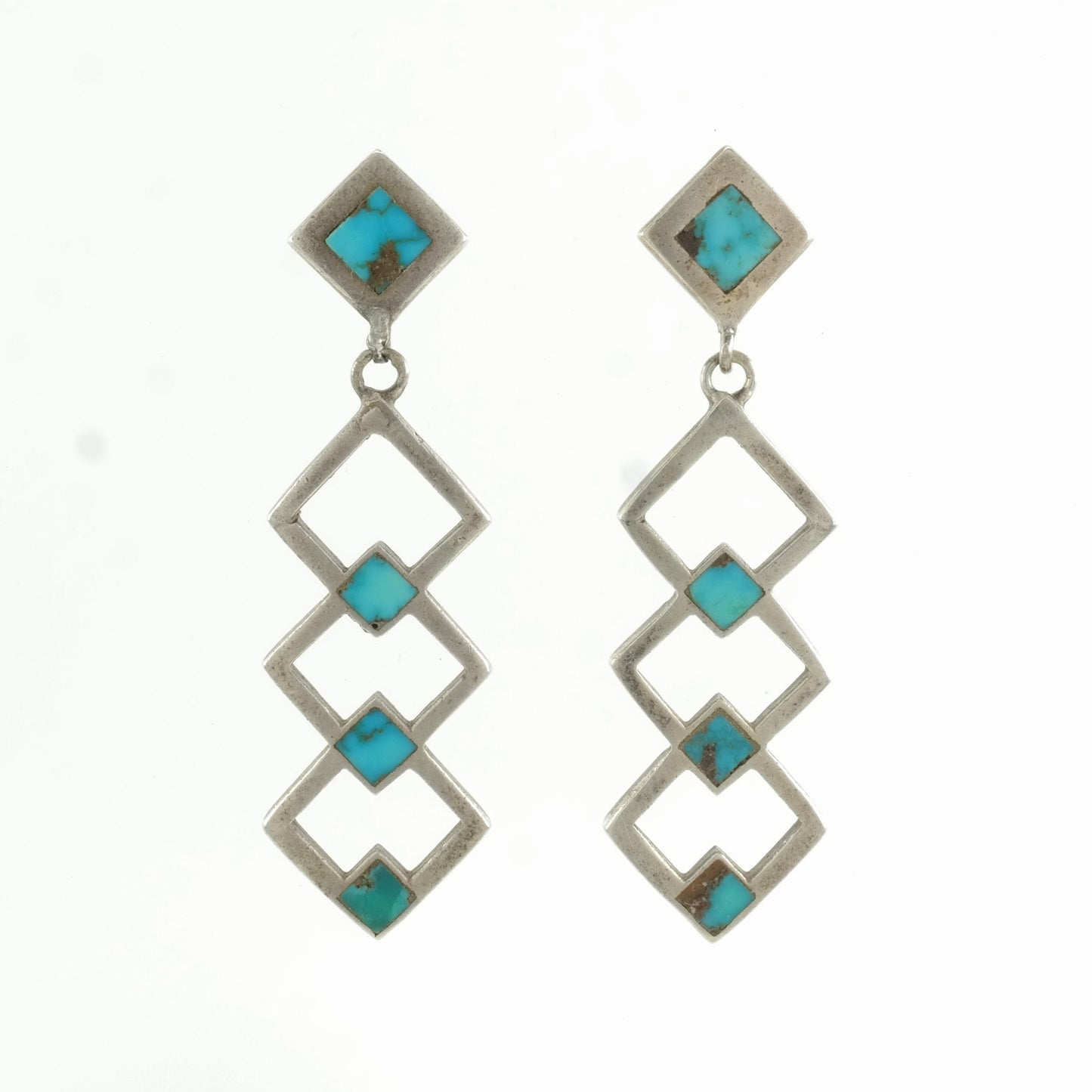 Historic Zuni Bisbee Turquoise Inlay Sterling Silver Stud Dangle Earrings