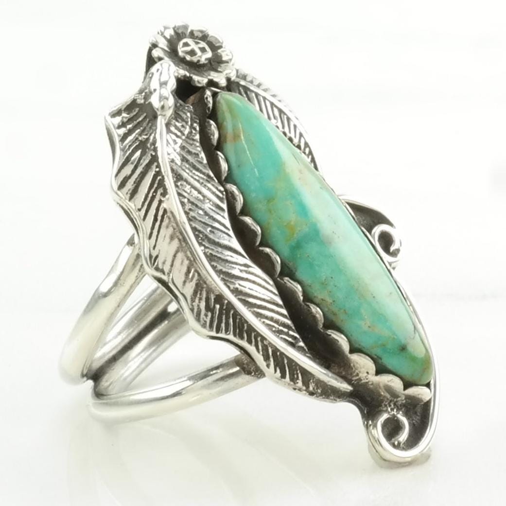 Vintage Native American Silver Ring Turquoise Leaf Sterling Blue Size 5 1/4