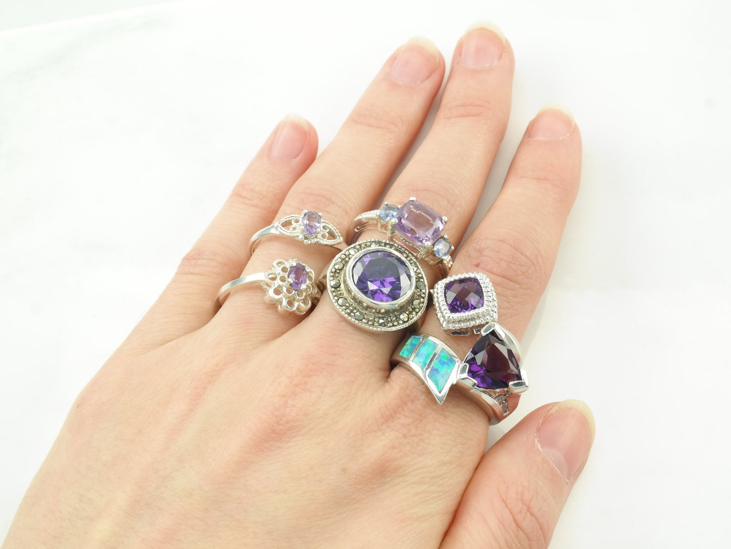 Vintage Amethyst & Gemstone Sterling Silver Rings Size 7