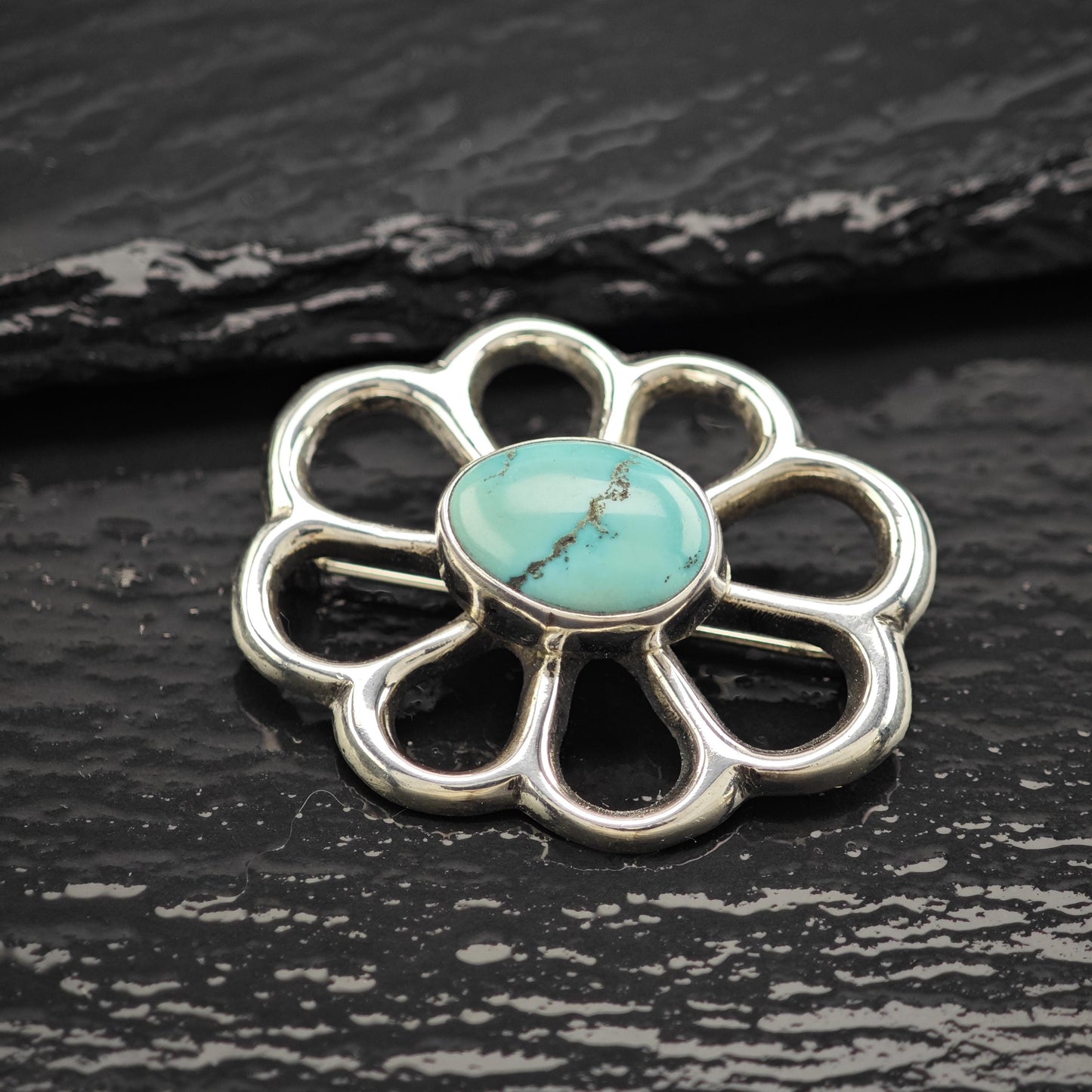 Southwest Sandcast, Blue Turquoise Brooch Sterling Silver
