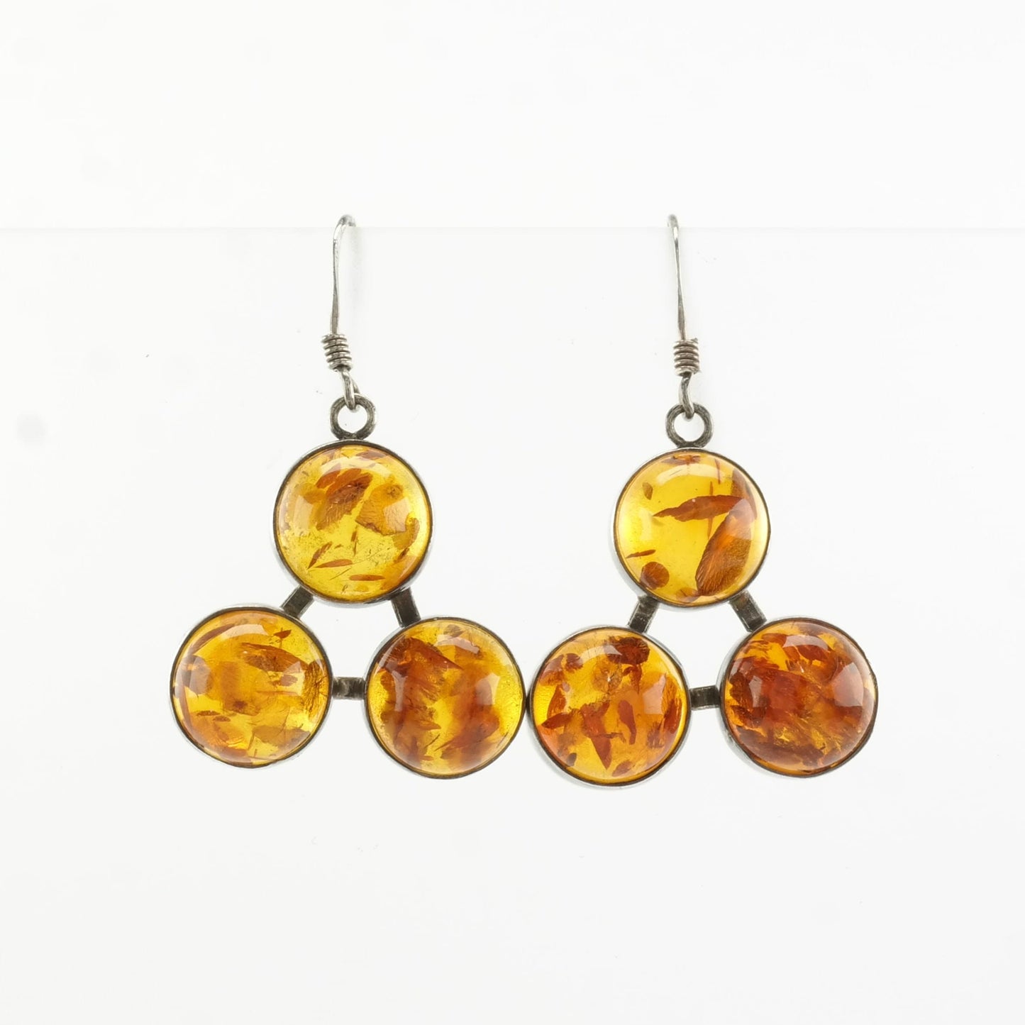 Sterling Silver Baltic Amber 3 Stone Earrings Fish hook/Dangle