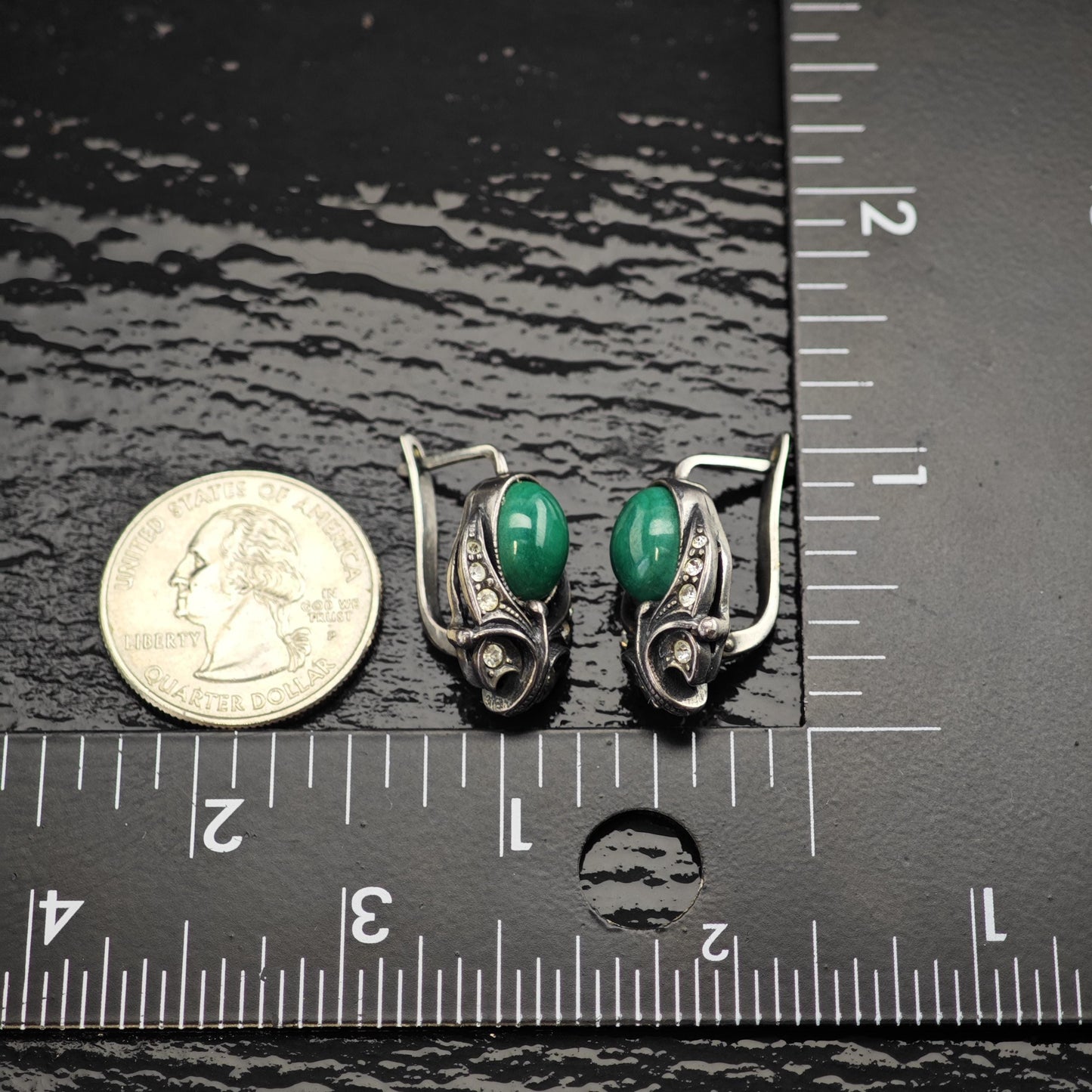 European, Art Deco St Green Malachite Rhinestone Sterling Silver Latch Earrings ER3118
