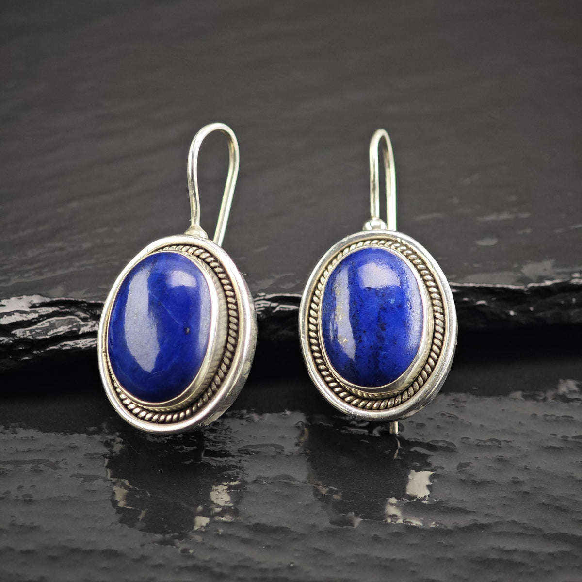 Vintage Lapis Oval Sterling Silver Dangle Earrings ER3215