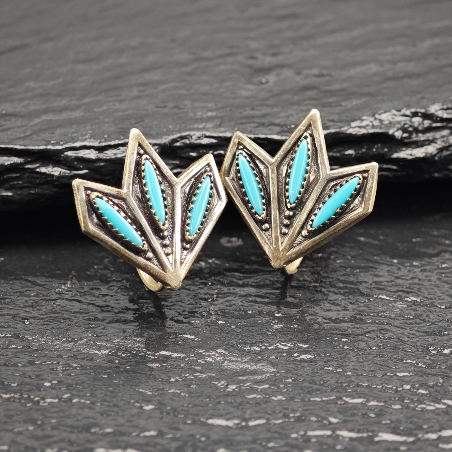 SW Needle Point Block Turquoise Screw Back Sterling Silver Earrings ER3187