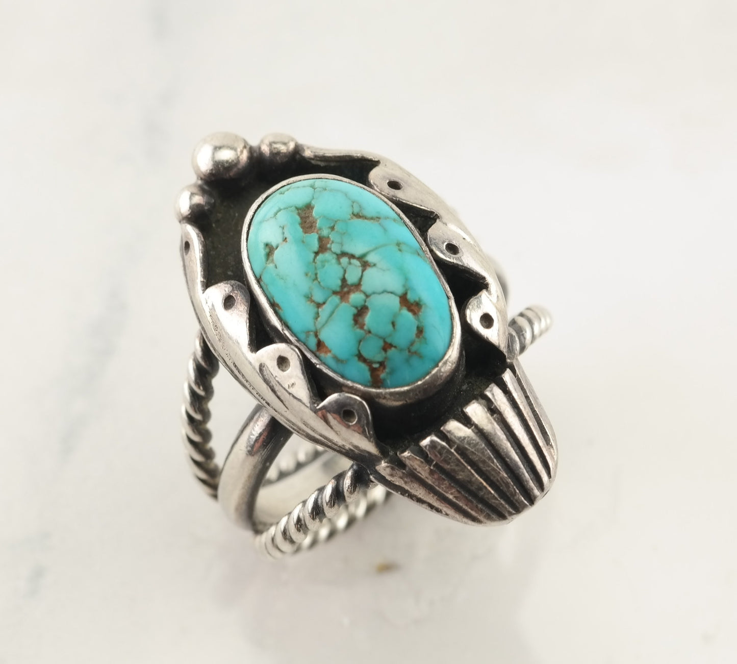 Native American Silver Ring Spiderweb Turquoise Shadowbox Sterling Size 7 1/2