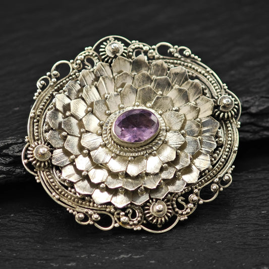 Purple Amethyst Brooch Floral Sterling Silver