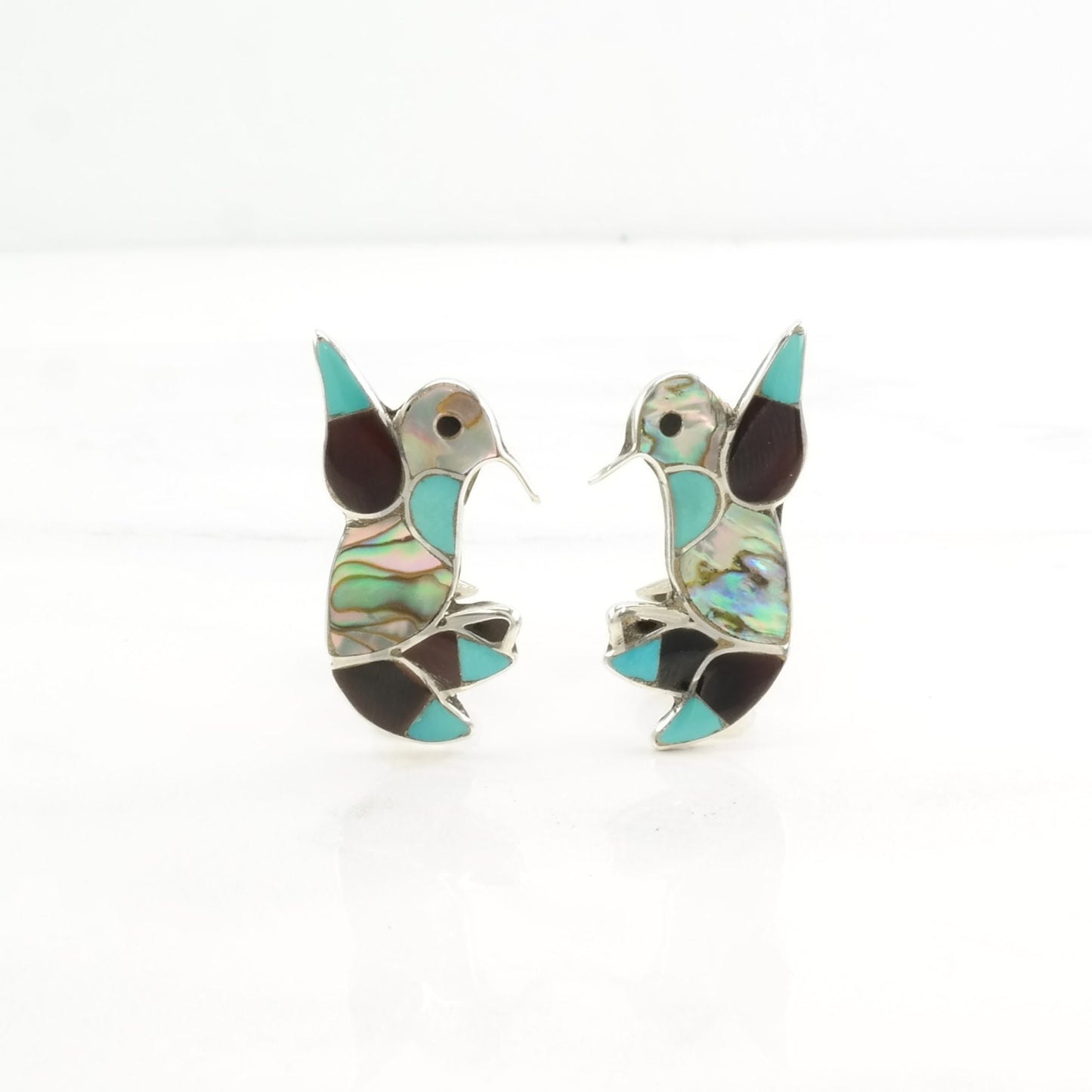 Vintage Native American Sterling Silver Abalone, Turquoise Bird, Inlay Earrings Clip on