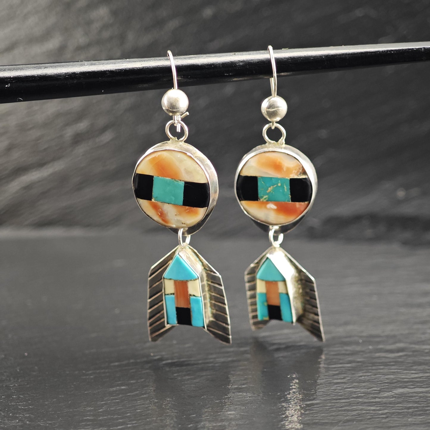 Vintage SW Style Inlay Arrowhead Kidney Wire Sterling Silver Earrings ER3198