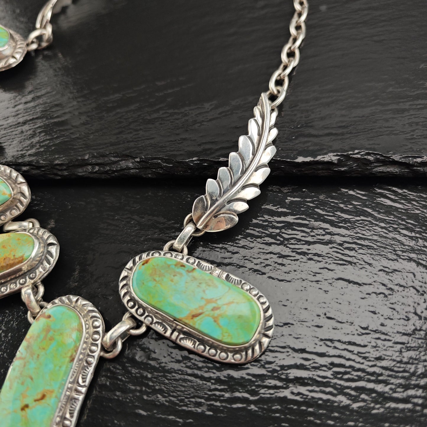 Vintage Navajo Green Kingman Turquoise Lariat Sterling Silver Necklace N2724