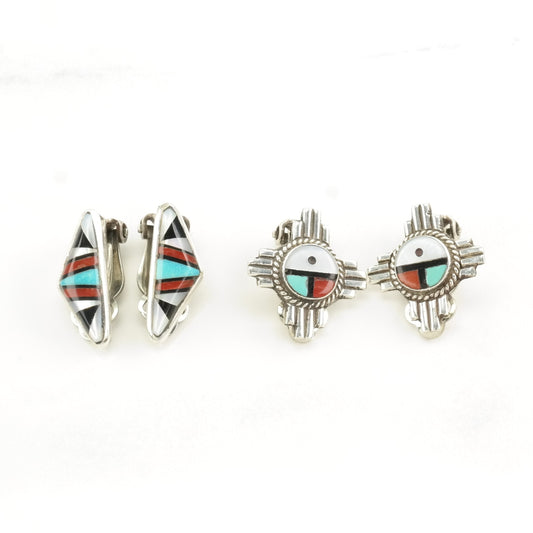 Choice of Vintage Sterling Silver Clip On Earrings Native American Turquoise, Coral, MOP, Onyx Inlay