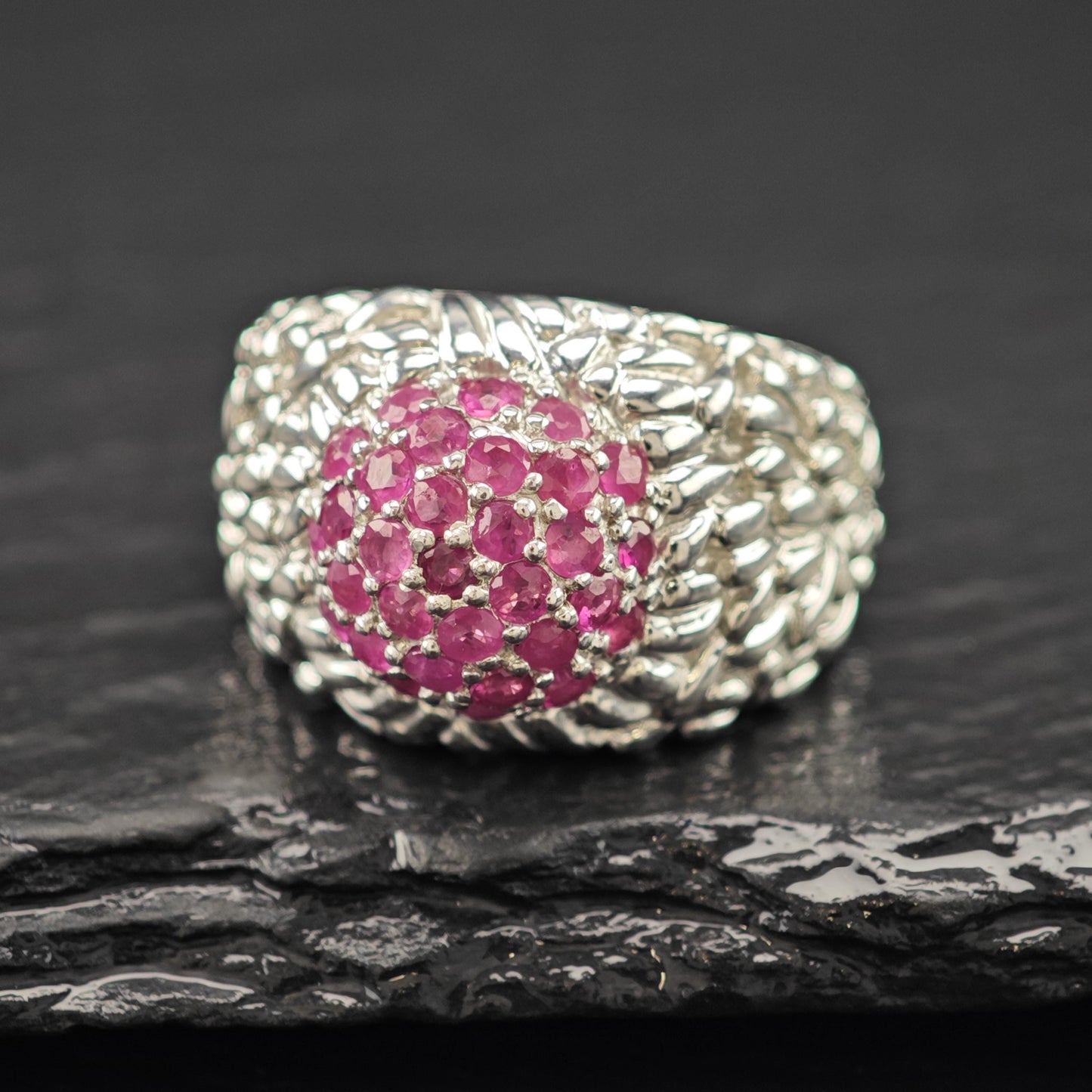 Ruby Cluster Dome Ring Sterling Silver Sz 7 1/4 R6132