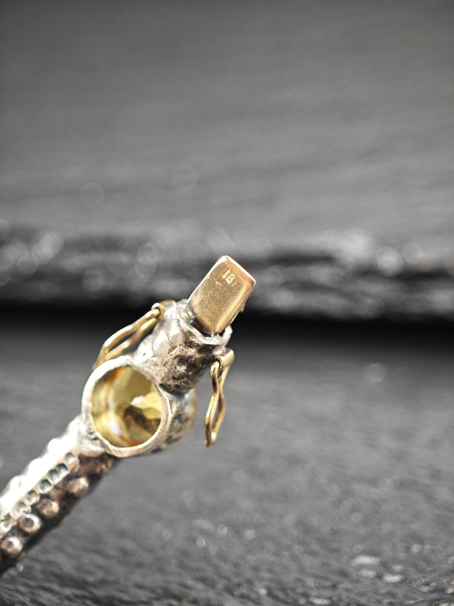 Brutalist 18K Gold Accent Citrine, Diamond Bangle Bracelet Sterling Silver