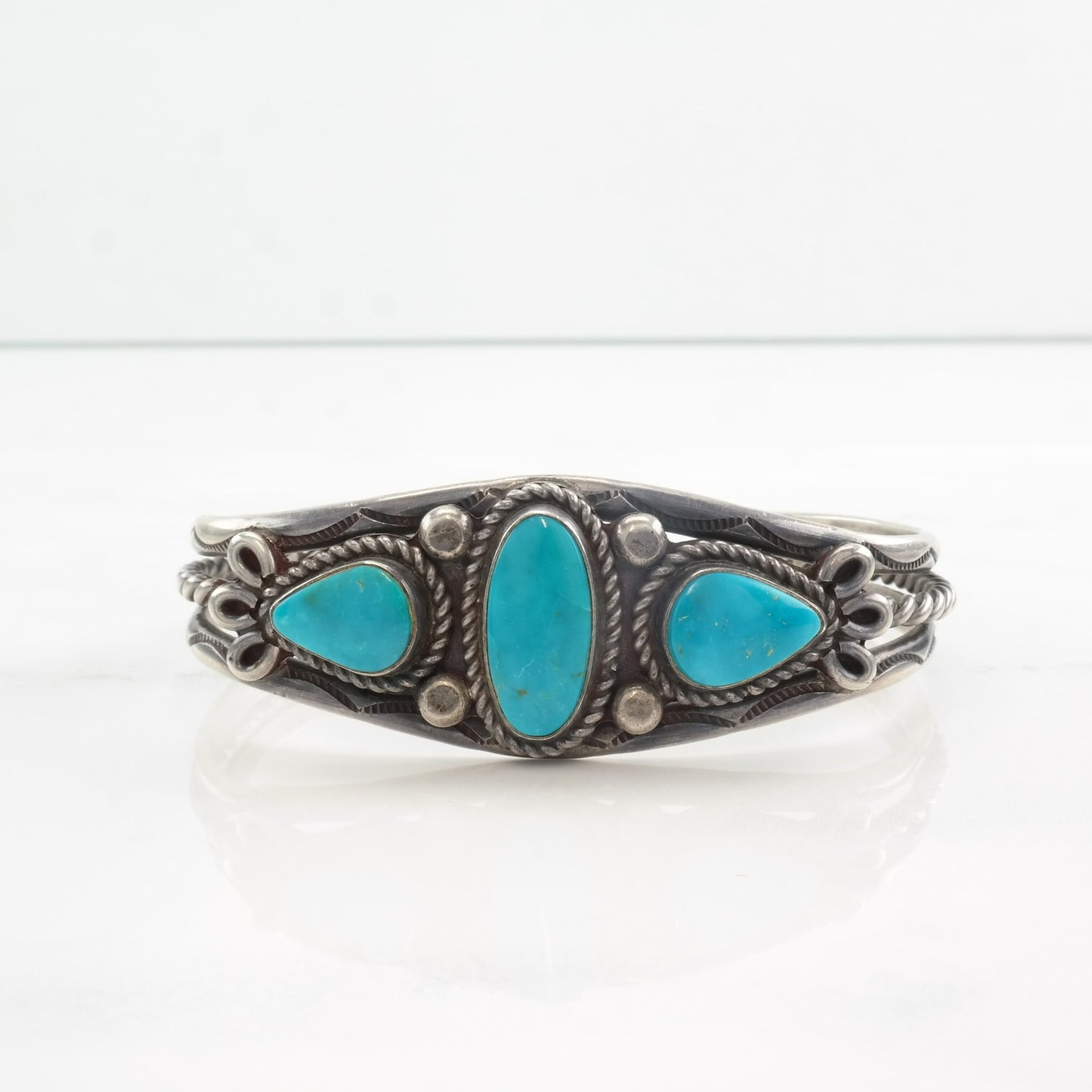 Native American Sterling Silver Cuff Bracelet Blue Turquoise Three Stone