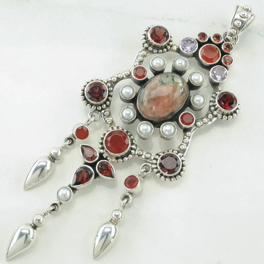 Vintage Nicky Butler Rhodonite, Garnet, Carnelian Large, Cluster Sterling Silver Pendant