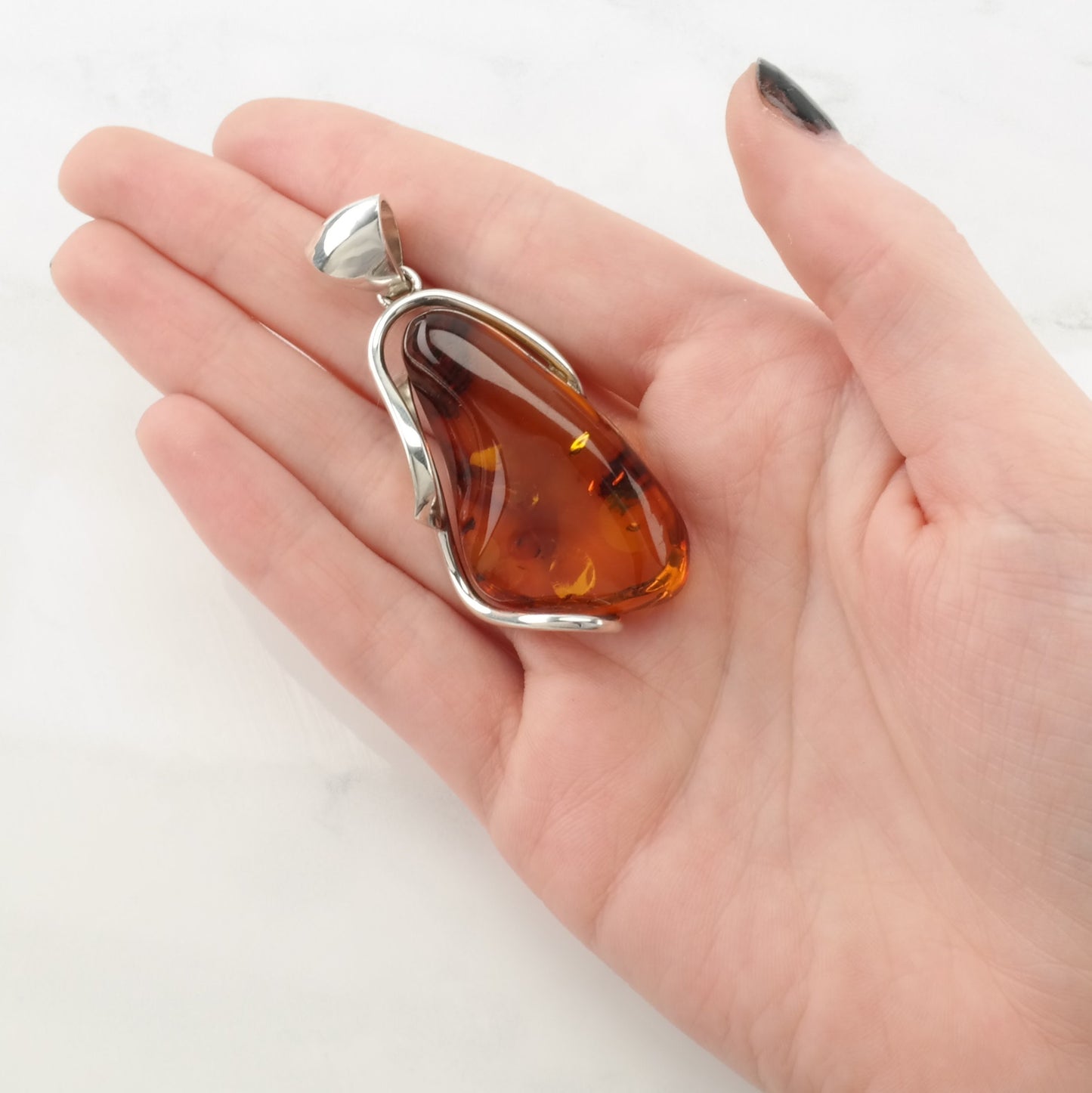 Vintage European Amber Modernist Sterling Silver Pendant