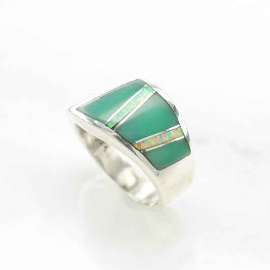 Vintage Southwest Silver Ring Created Opal Inlay Band Sterling Green