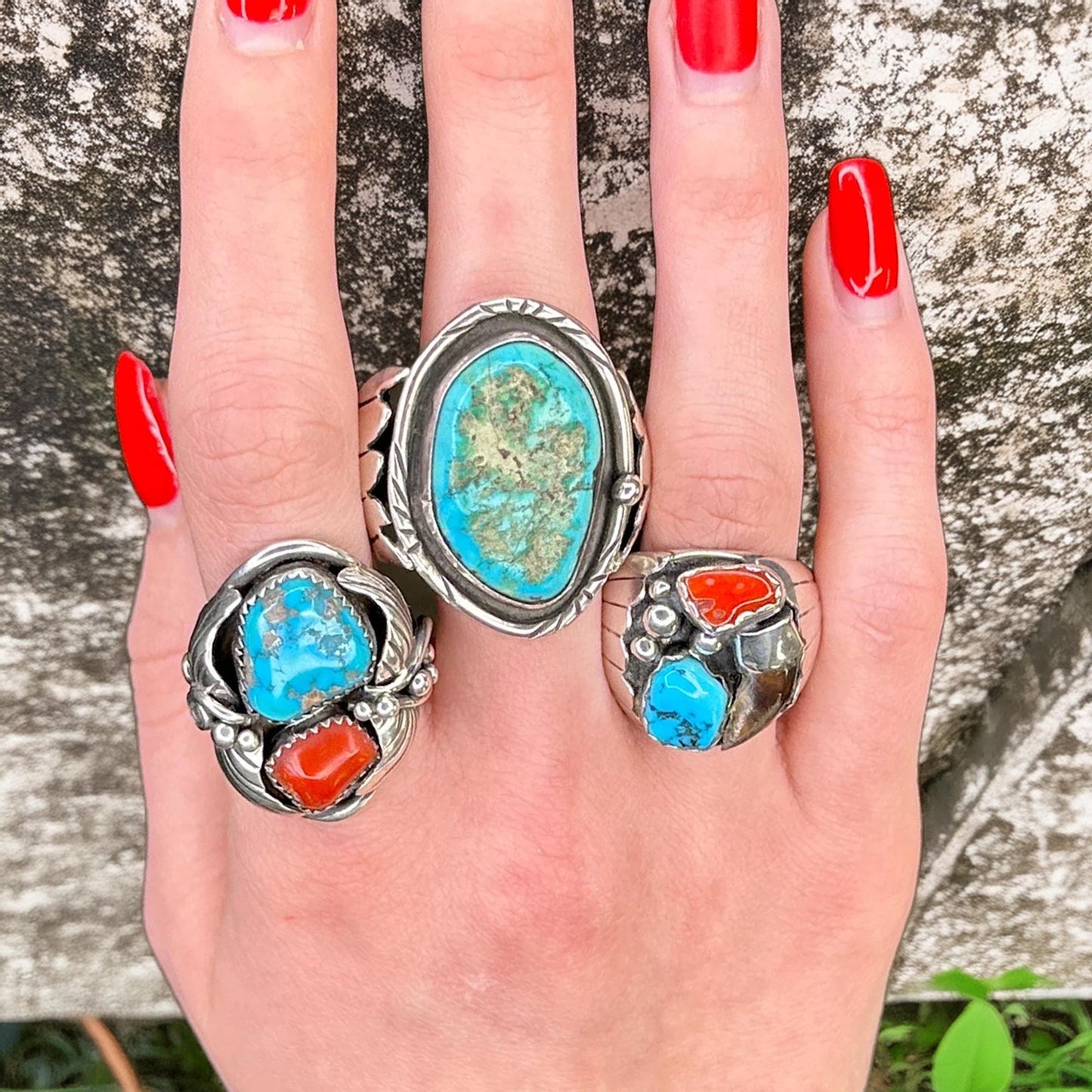 Vintage Southwest Sterling Silver & Turquoise Feather Shadowbox Ring, Size 12.5