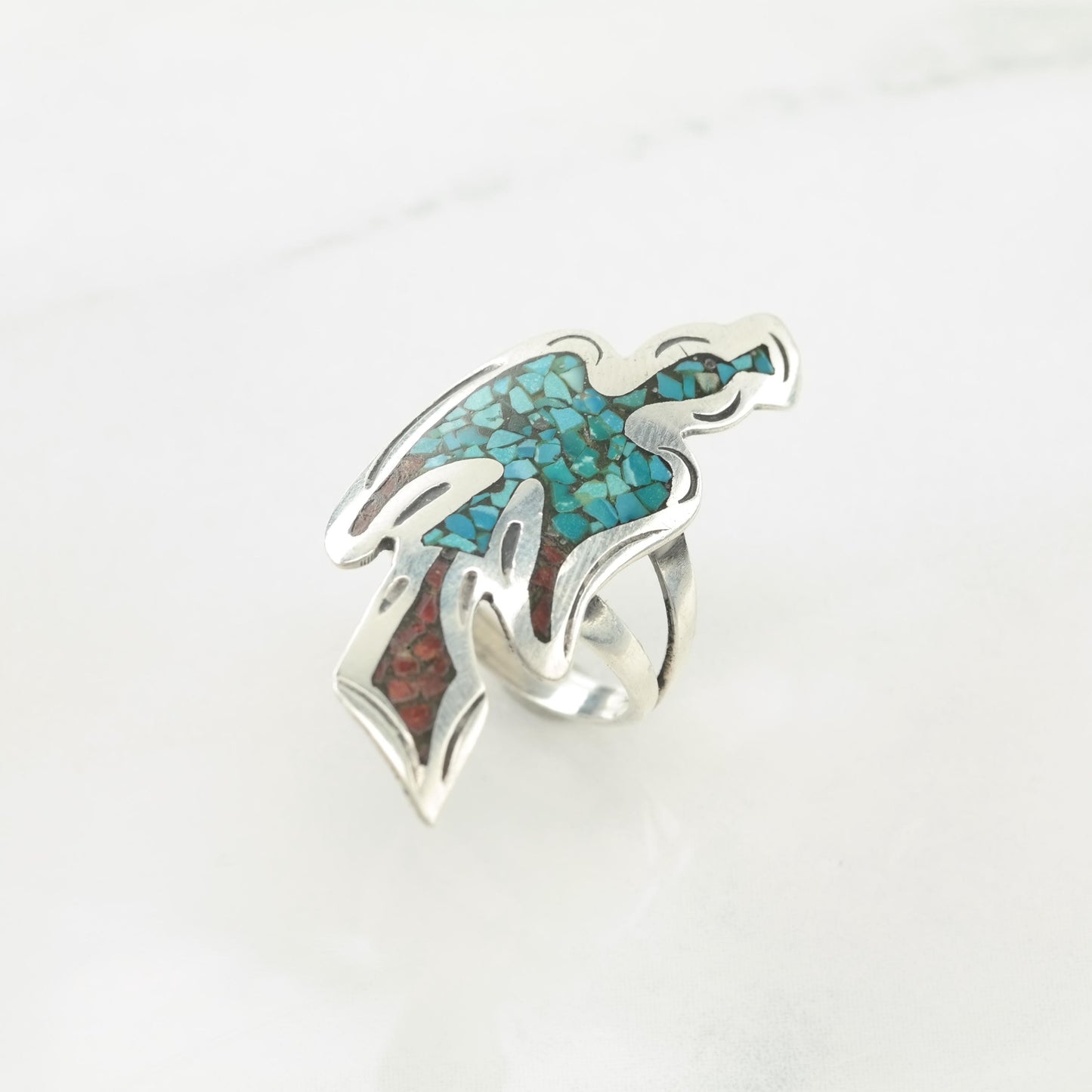 Native American Turquoise, Coral Thunderbird, Inlay Blue, Red Sterling Silver Ring Size 6