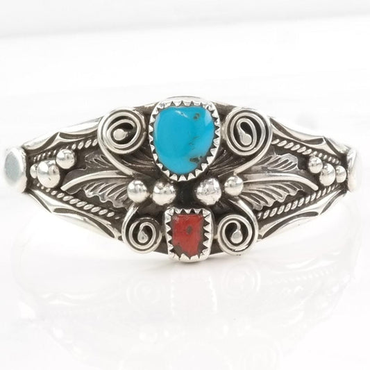 Vintage Native American Coral, Turquoise Cuff Bracelet Sterling Silver Blue, Red Leaf