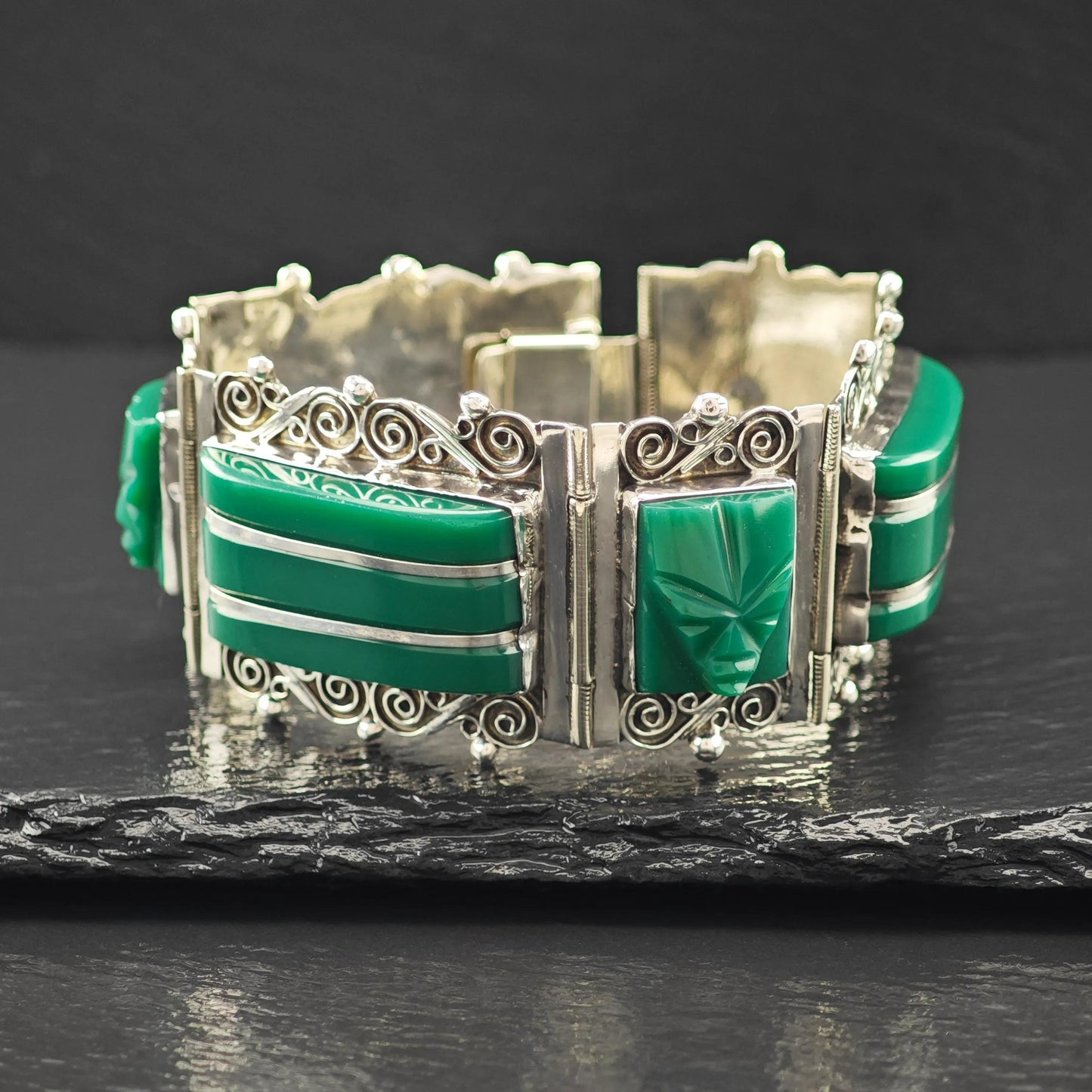 Carved Face Green Onyx Panel Bracelet Sterling Silver Size 7"