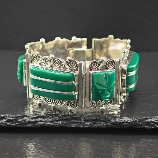 Carved Face Green Onyx Panel Bracelet Sterling Silver Size 7"