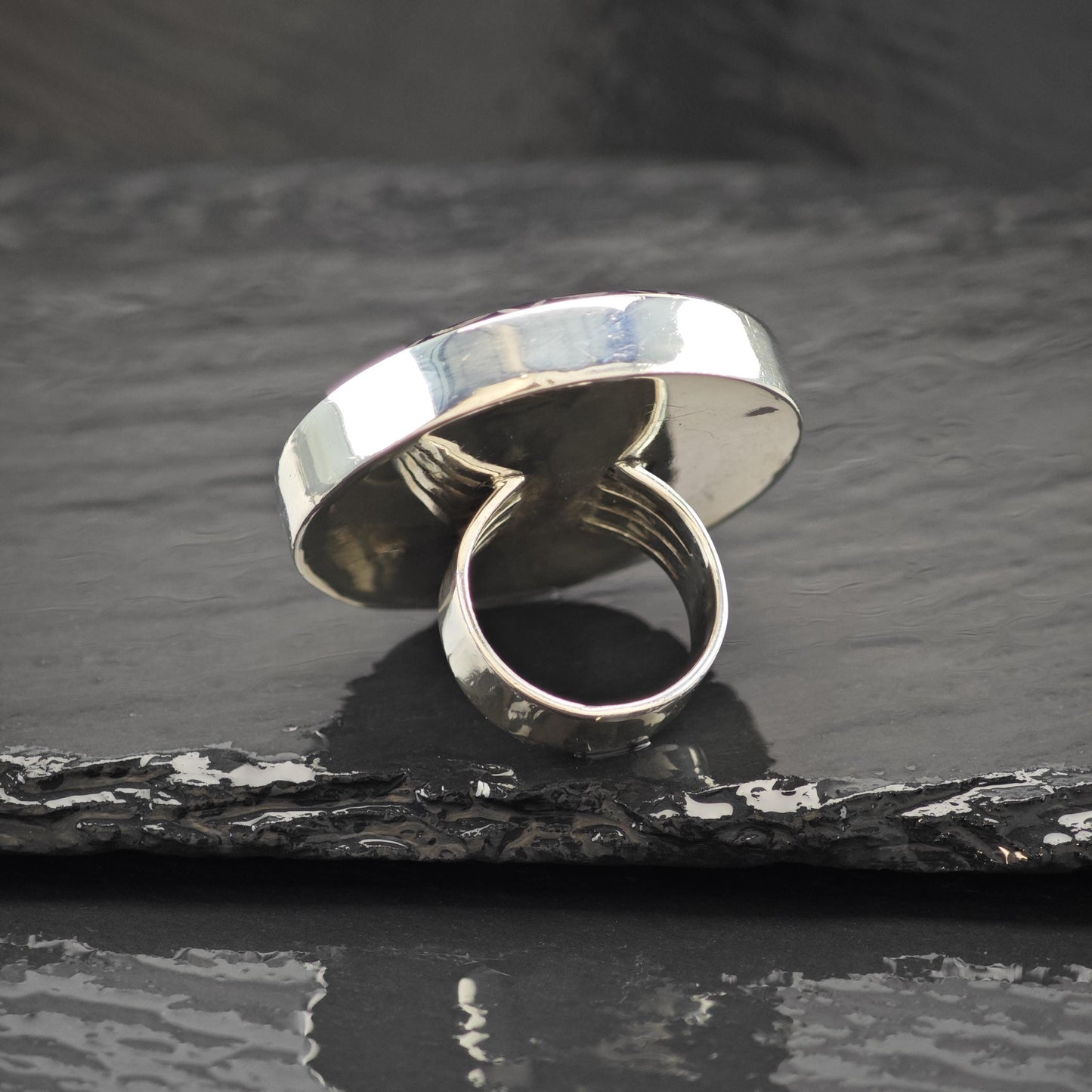 Large Carved Black Gemstone Ring Sterling Silver Size 9