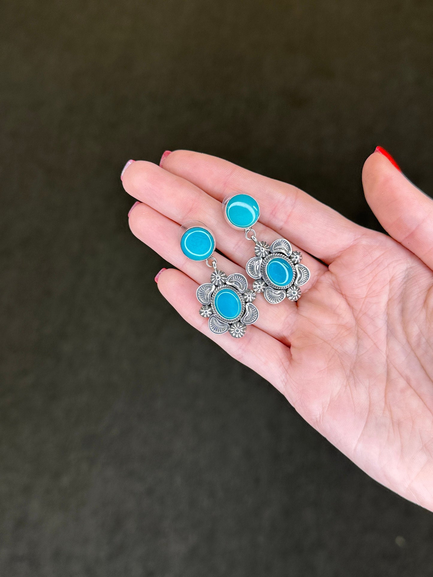 Navajo Sterling Silver Blue Turquoise Floral Earrings Stud, Dangle