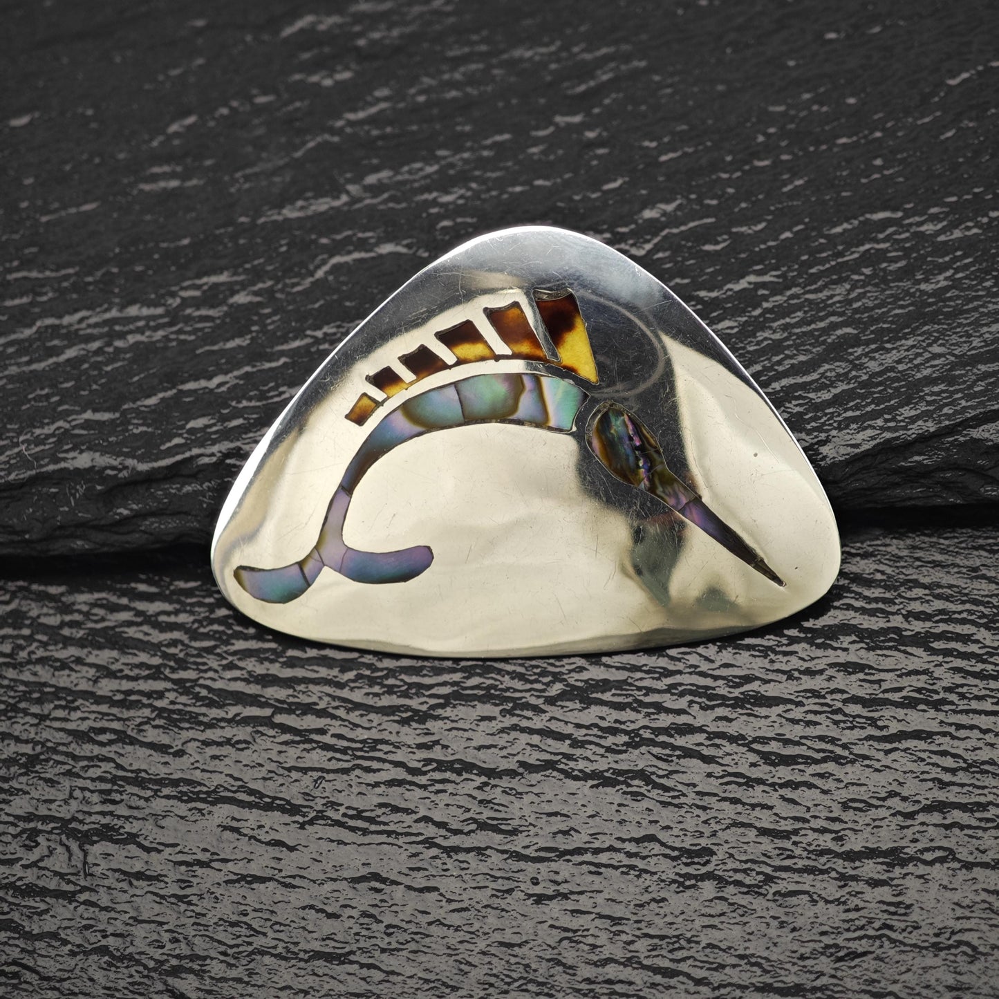 Taxco Sterling Silver Brooch/Pendant: Inlay Multi-color Swordfish B2139