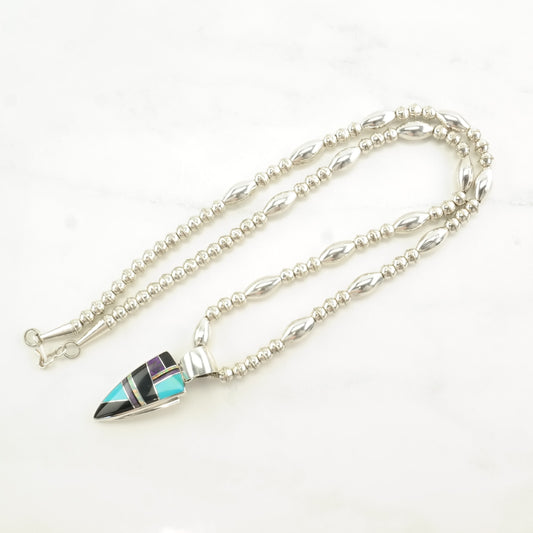 Native American Sterling Silver Blue, Black Turquoise, Onyx, Opal Inlay Necklace