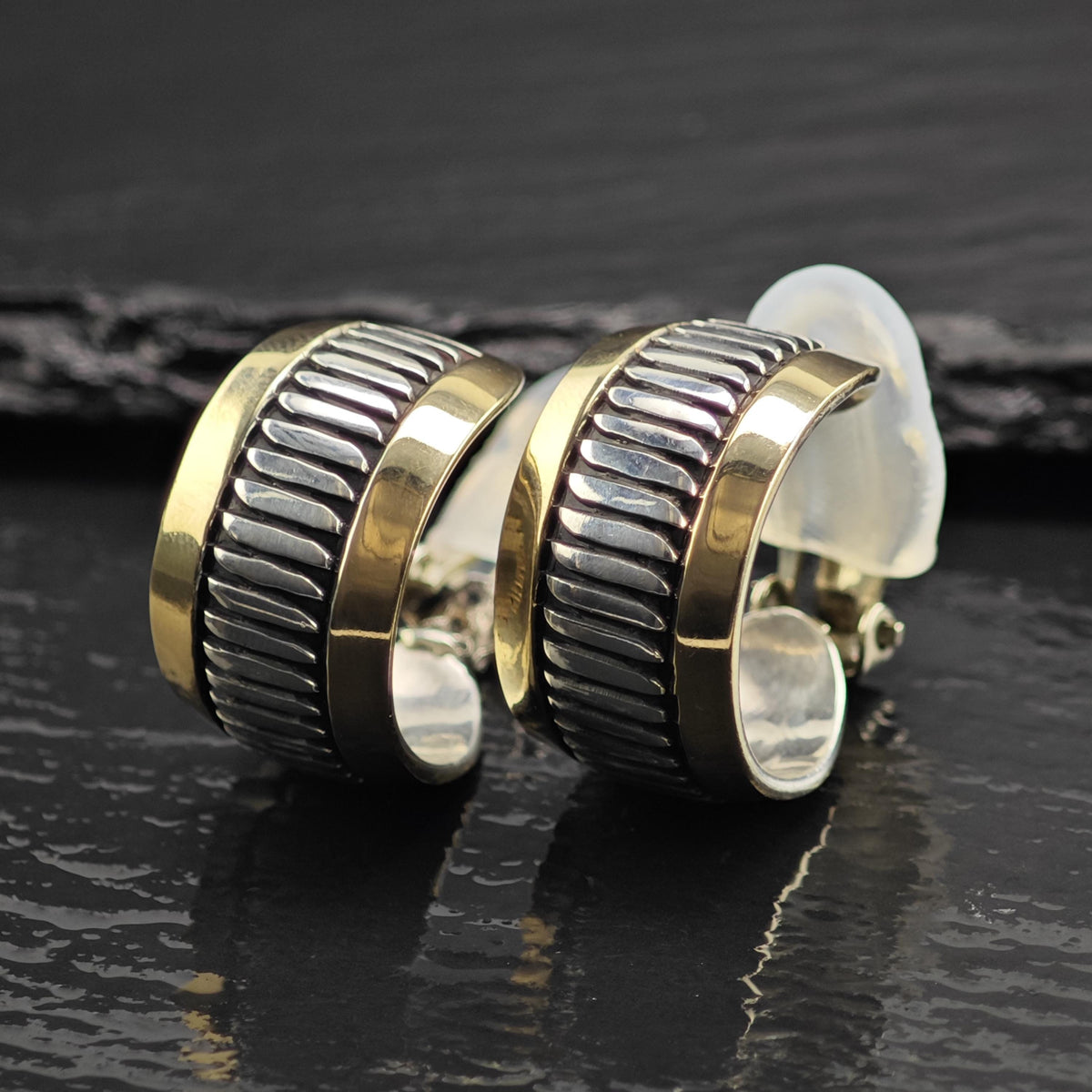 Vintage Navajo Leonard Scnallie 14k Gold Accent Hoops Sterling Silver Earrings ER3239