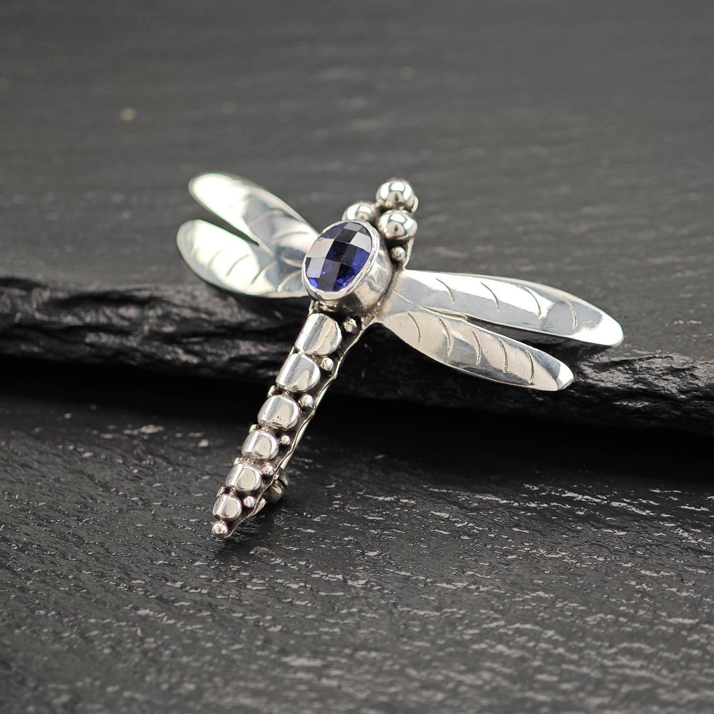 Blue Dragonfly Gem Brooch Sterling Silver