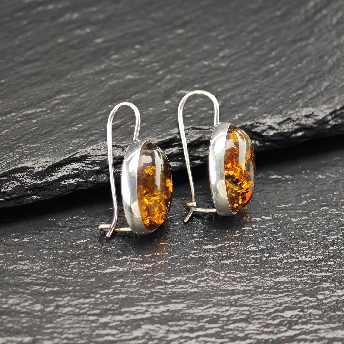Vintage Brown Amber Oval, Fish Hook Earrings Sterling Silver