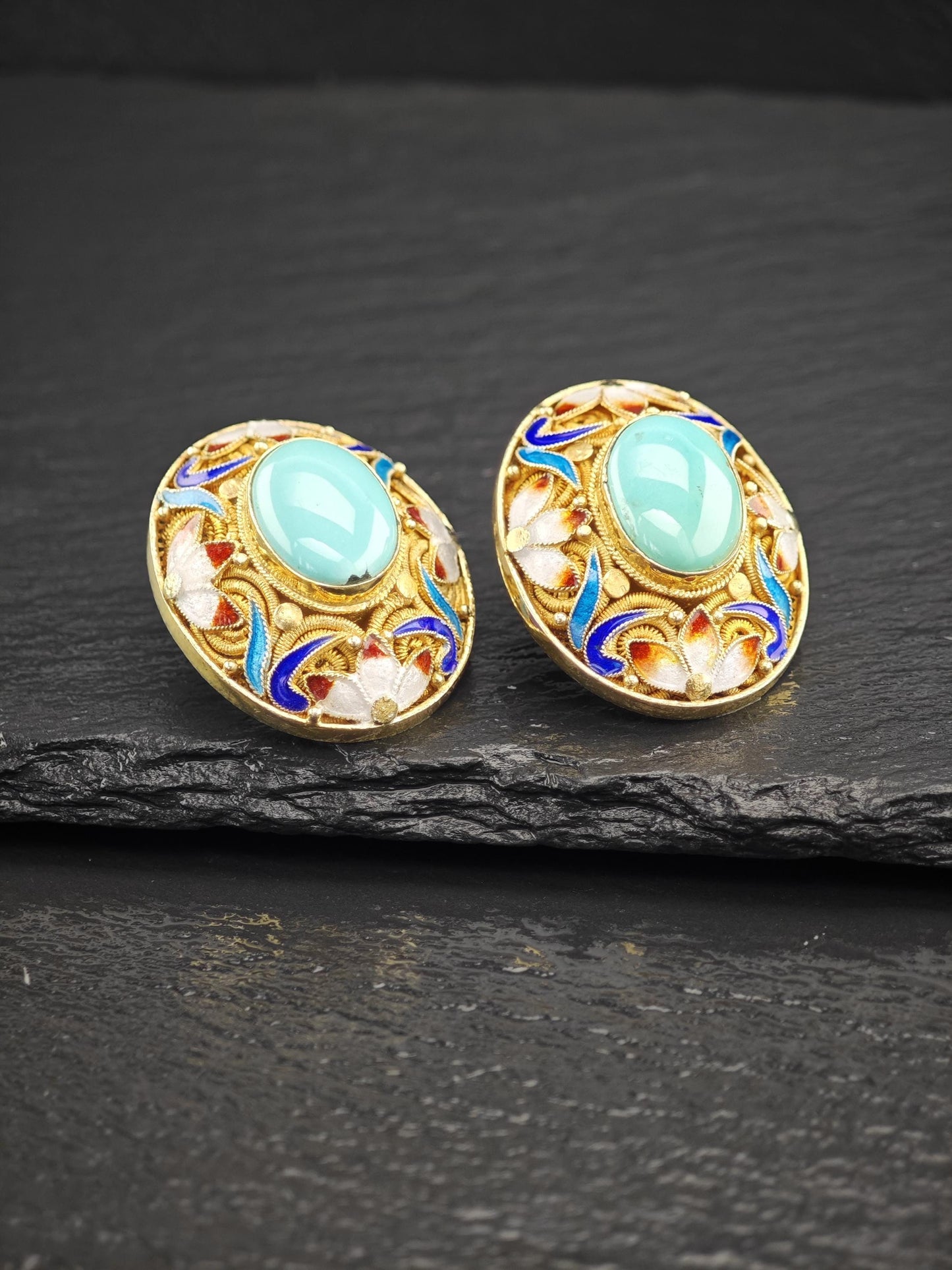 Chinese Export Turquoise, Vermeil Enamel Sterling Silver Stud Earrings