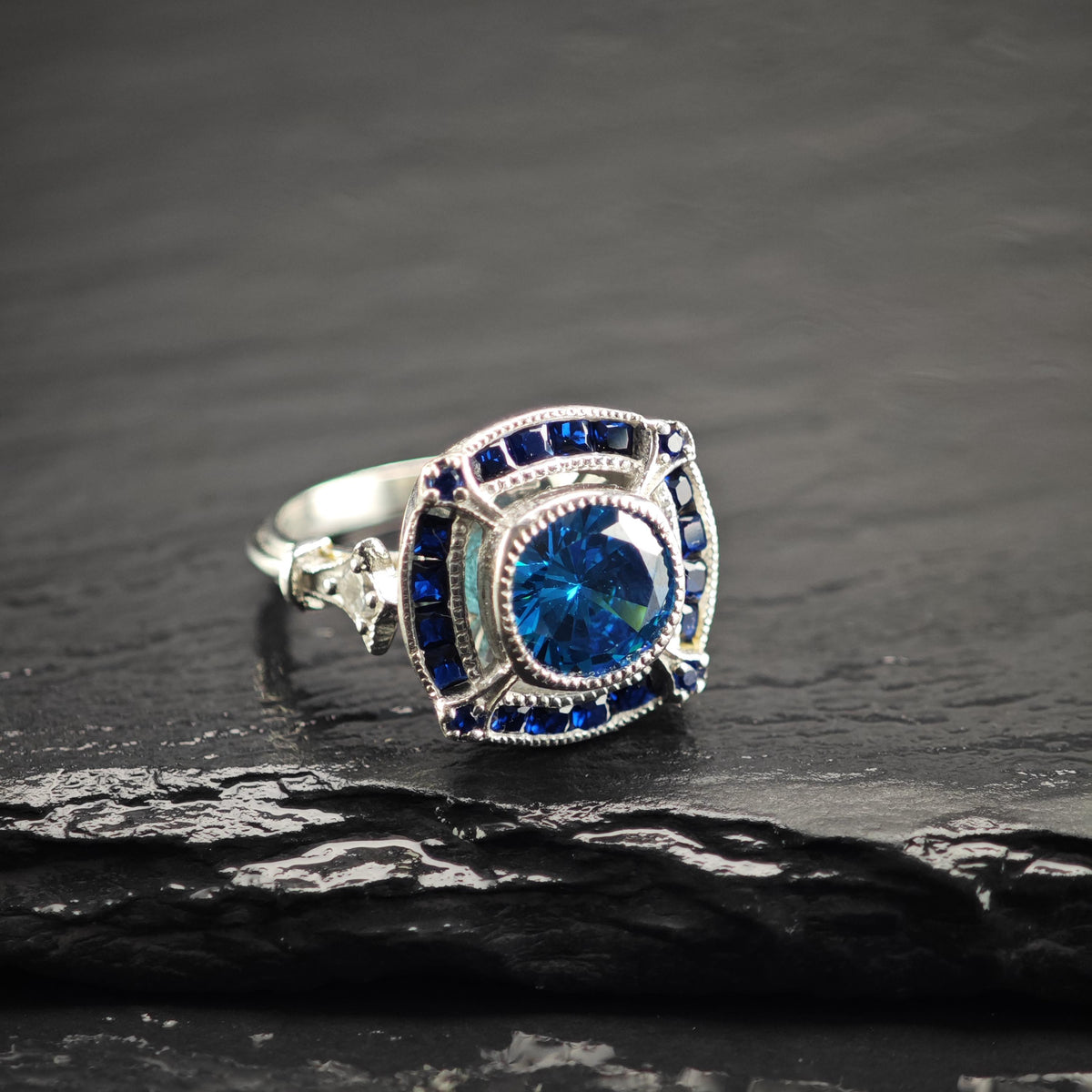 Art Deco Style Blue Gemstone Sterling Silver Ring Sz 5 R6818