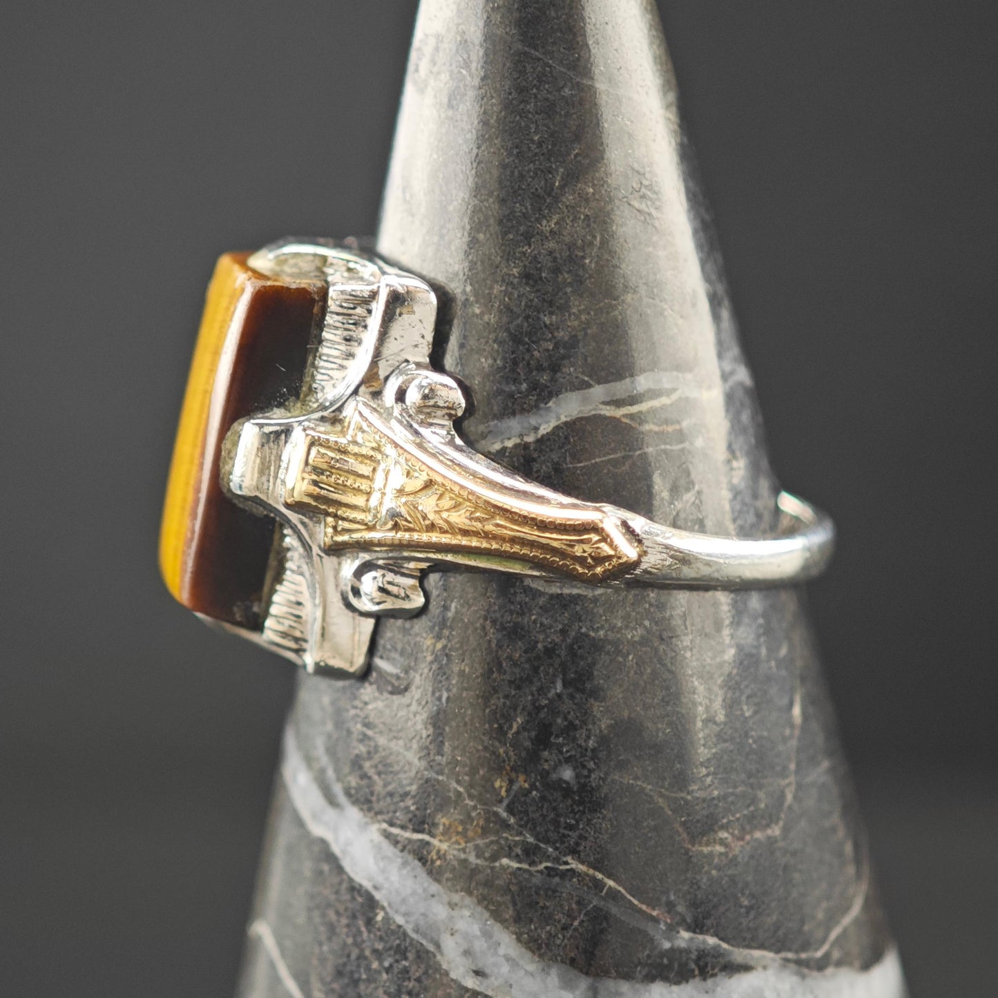 Art Deco Ring Sterling Silver Tiger Eye 10K Gold Filled Accent