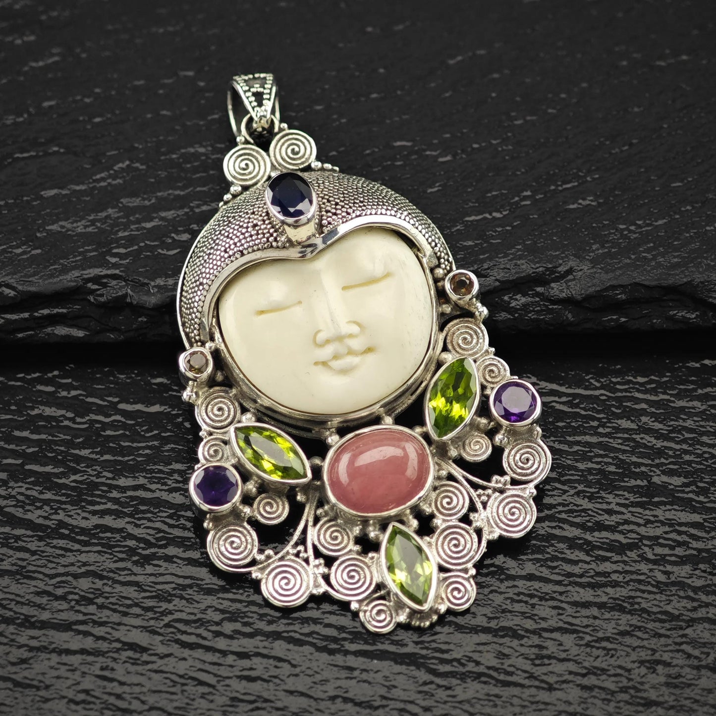 Carved Goddess Face Gemstones Pendant Sterling Silver P2806