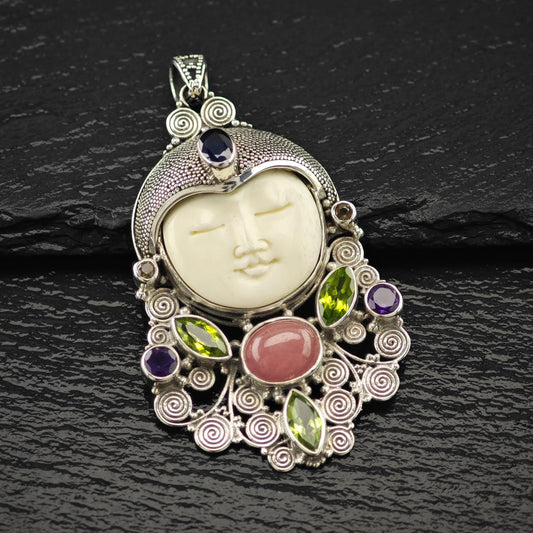 Carved Goddess Face Gemstones Pendant Sterling Silver P2806