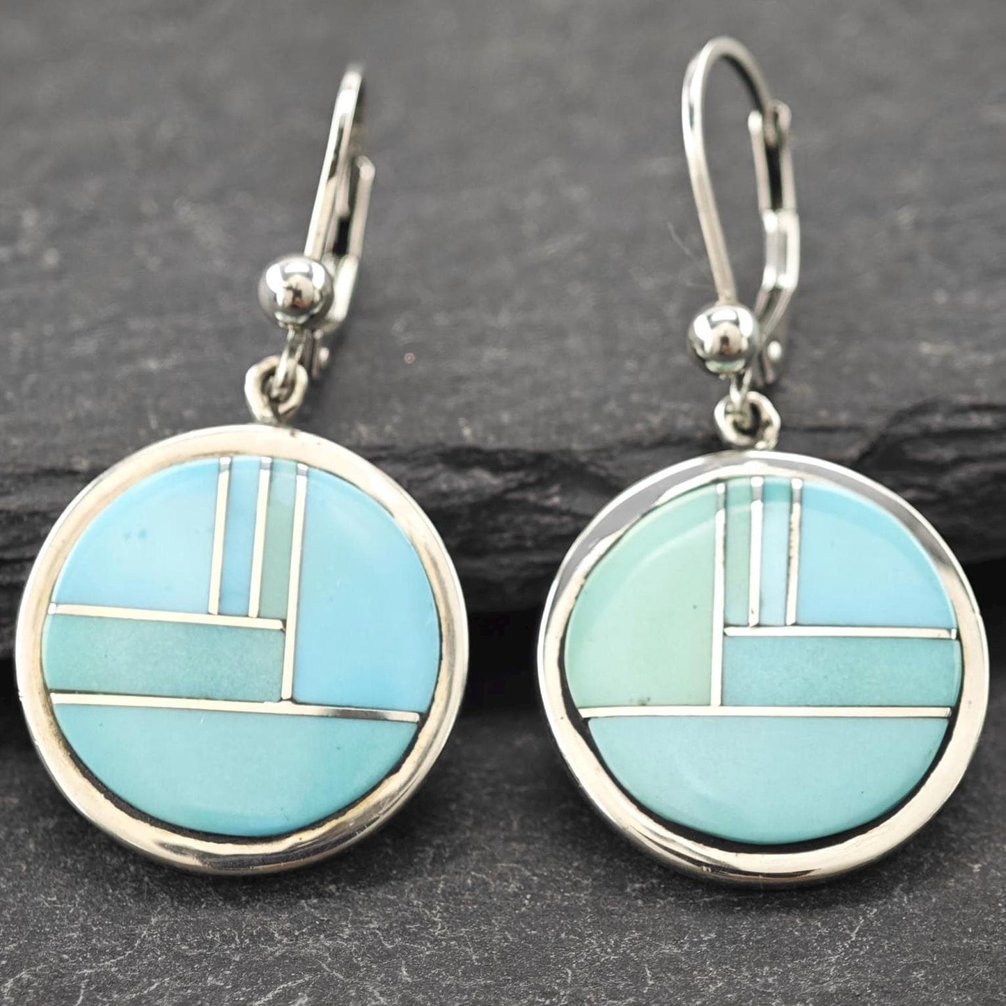 Calvin Begay, TSF, Native American Inlay Lever Back Earrings Sterling Silver