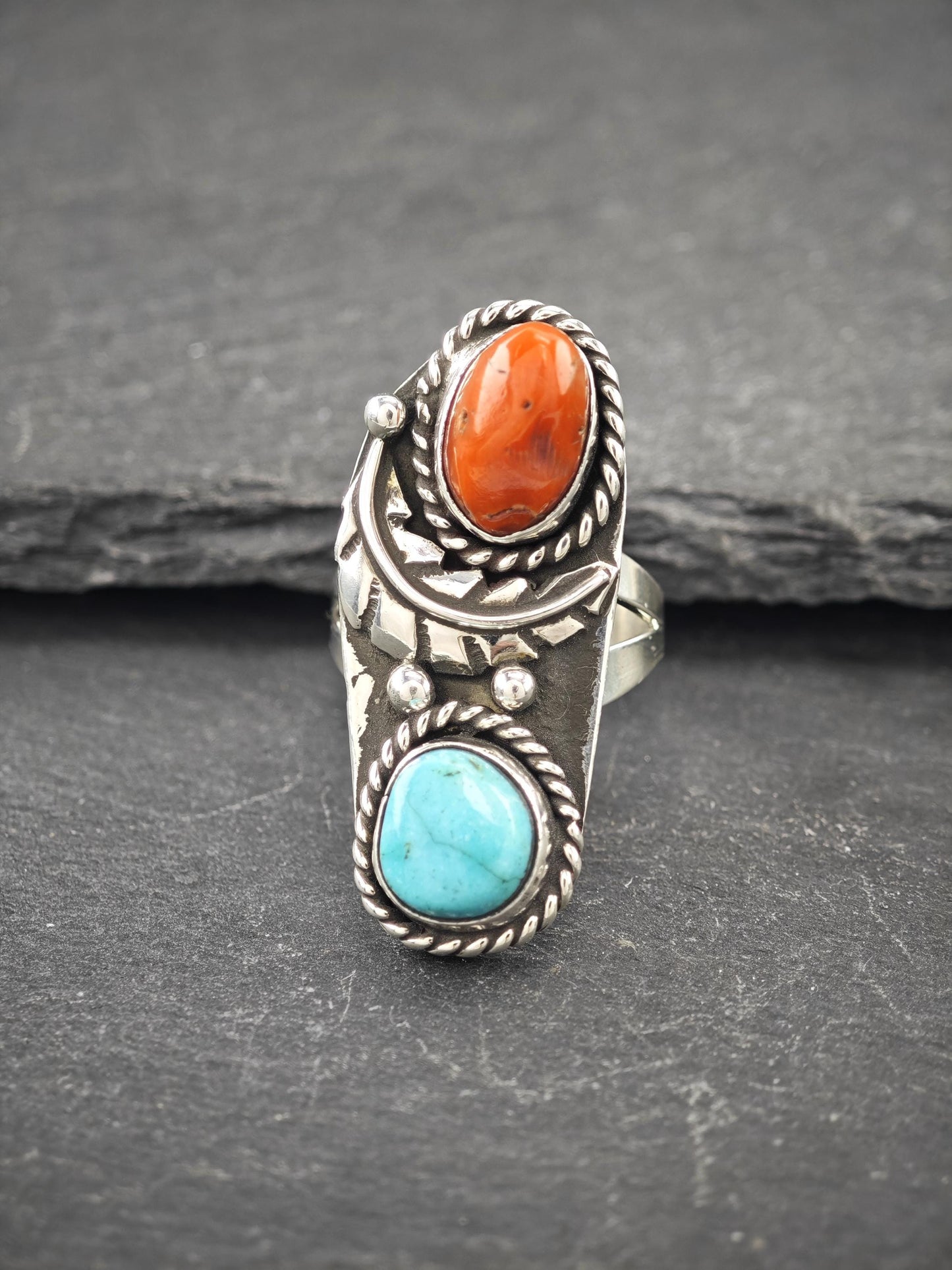 Southwest Coral, Turquoise Ring Sterling Silver