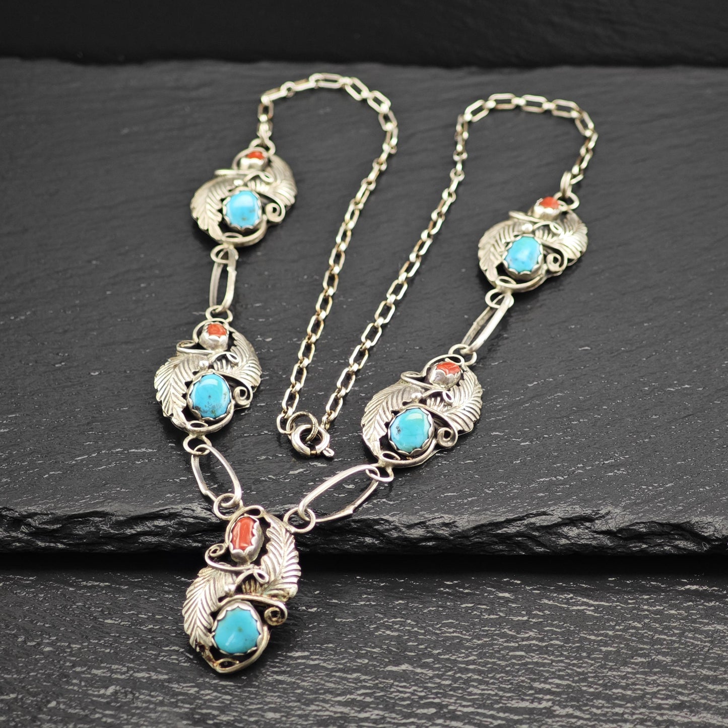 Native Sterling Silver Blue, Red Turquoise, Coral Floral, Shadowbox Necklace N2593