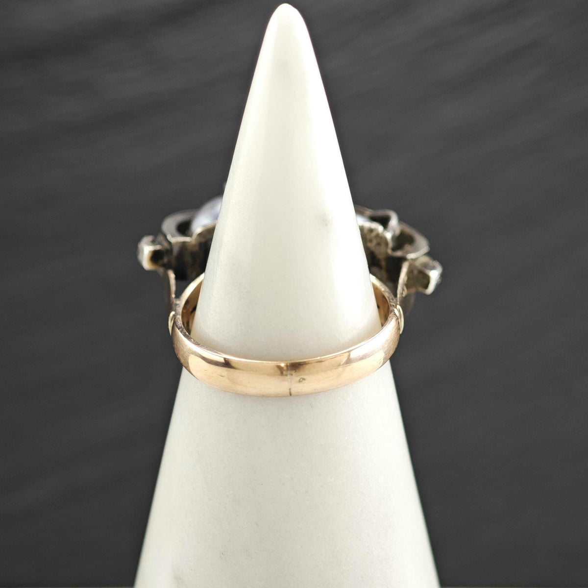 Mid-Century Rosecut Diamond, Pearl 10K Gold & Silver Ring Sz 6 R6775