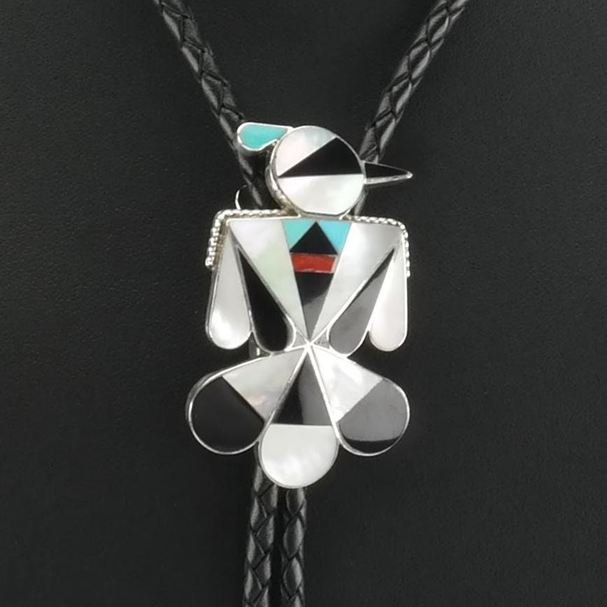 Native Sterling Silver MOP, Onyx, Turquoise, Coral Bird, Inlay Bolo Tie N2159