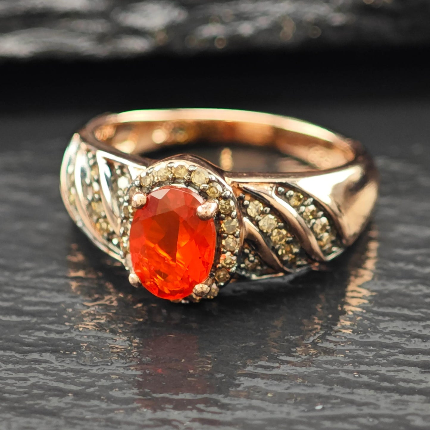 Fire Opal Brown Diamond 14K Rose Gold Plated Ring Sterling Silver Sz 5 R6170